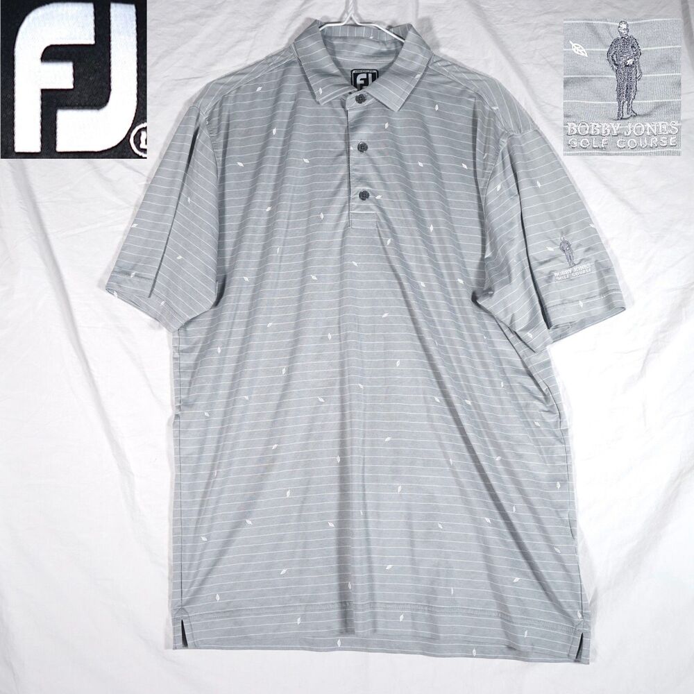 FootJoy Bobby Jones Golf Course Polo Gray Striped Leaf Pattern Men's Large